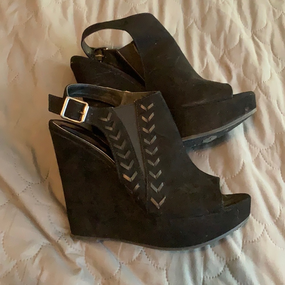 Black buckle wedges